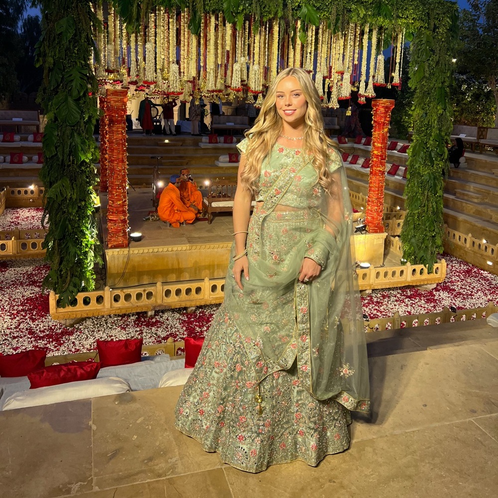 Sage Green Floral Embroidered Indian Gown – Perfect for Wedding Events